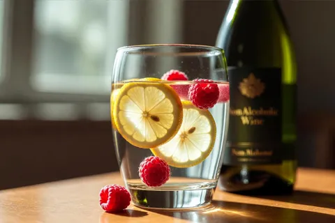 Vaso con agua con rodajas de limón y frambuesas, junto a una botella de vino sin alcohol, sobre una mesa de madera.
