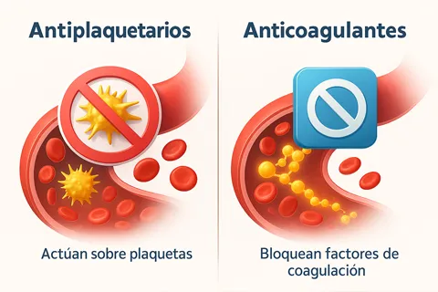 Infografía comparativa que muestra cómo los antiplaquetarios actúan sobre plaquetas, mientras los anticoagulantes bloquean factores de coagulación en la cascada de la coagulación sanguínea.