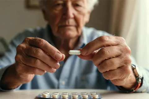 Adulto mayor tomando su anticoagulante diario, con una pulsera médica visible en la muñeca, simbolizando seguridad y adherencia.