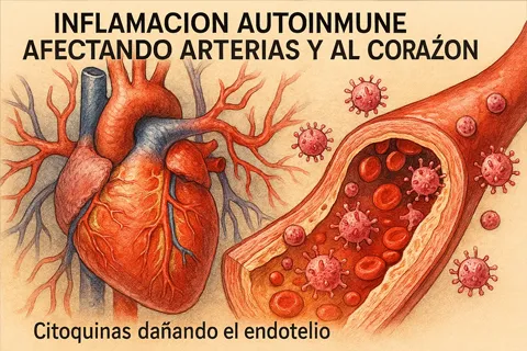 Ilustración médica: inflamación autoinmune afectando arterias y corazón. Representación visual de citoquinas dañando el endotelio.