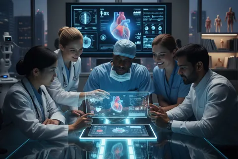 Equipo multidisciplinario de salud cardiovascular revisando un reporte digital en una tableta, mostrando colaboración y tecnología.