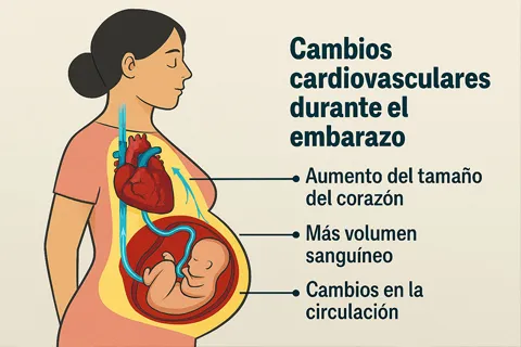 Ilustración médica que muestra los cambios cardiovasculares durante el embarazo: aumento del tamaño del corazón, mayor volumen sanguíneo y cambios en la circulación.