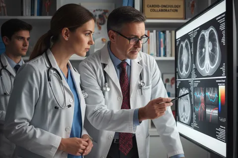 Equipo médico interdisciplinario: cardiólogo y oncólogo revisando juntos imágenes médicas de un paciente con cáncer, simbolizando colaboración en cardio-oncología.