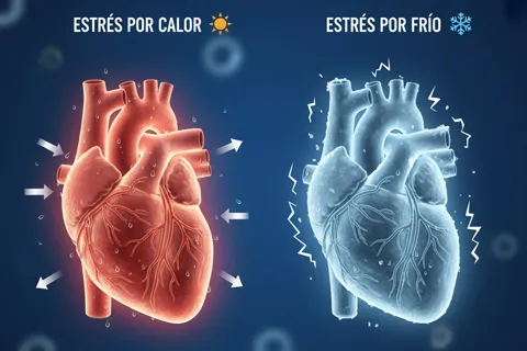Representación gráfica comparativa mostrando un corazón bajo estrés por calor (con vasos dilatados y sudoración) y otro bajo estrés por frío (con vasos contraídos y escalofríos).
