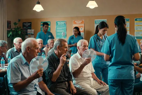 Personas mayores utilizando un centro comunitario climatizado durante una ola de calor, con personal médico realizando chequeos rápidos.