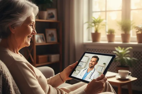 Paciente mayor sonriendo mientras habla con su cardiólogo a través de una tableta en su sala de estar, representando una consulta virtual exitosa y cómoda.