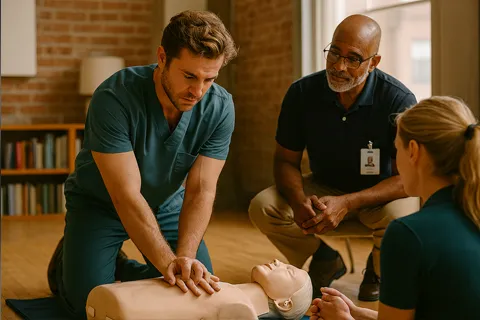 Cuidador practicando RCP en un maniquí de entrenamiento, con un instructor supervisando, representando la importancia de la capacitación.