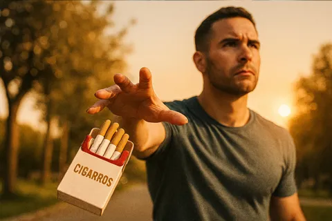 Persona dejando caer un paquete de cigarrillos al suelo, mirando hacia adelante con determinación, simbolizando el abandono del hábito y el inicio de una nueva etapa saludable.