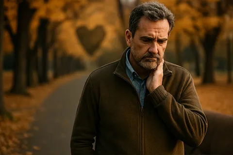 Hombre de mediana edad caminando solo en un parque otoñal, con expresión reflexiva, simbolizando la introspección sobre salud masculina y riesgos cardiovasculares.