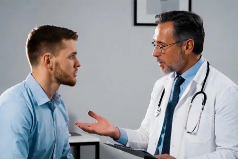 Médico hablando con un paciente masculino en una consulta, revisando resultados de pruebas, simbolizando la evaluación integral de salud cardiovascular y sexual.