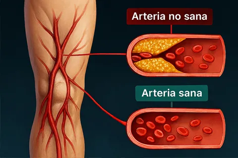 Ilustración médica que muestra arterias de la pierna con placas de aterosclerosis obstruyendo el flujo sanguíneo, comparado con una arteria sana.