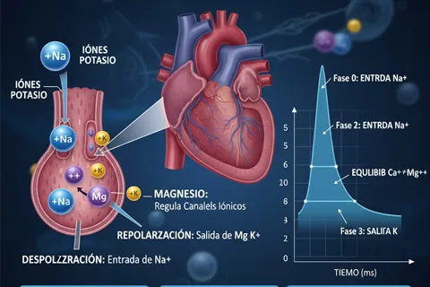 Ilustración médica mostrando cómo los electrolitos sodio, potasio y magnesio influyen en la actividad eléctrica y contracción del corazón.