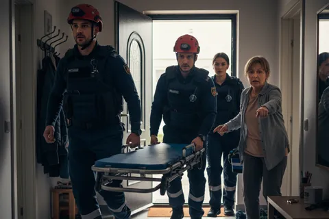 Equipo médico de emergencias entrando a una casa con una camilla, mientras un cuidador les indica el camino, representando la respuesta a una emergencia domiciliaria.