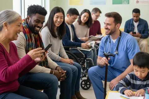 Grupo diverso de personas en una clínica comunitaria, incluyendo adultos mayores, personas de distintas razas y un trabajador de la salud.