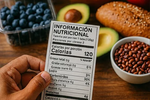 Mesa con productos de supermercado y una etiqueta nutricional destacada, representando cómo leer información para elegir alimentos cardiosaludables.