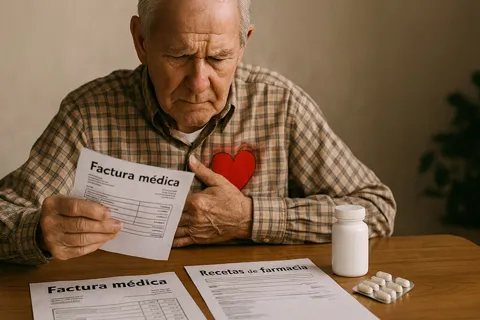 Persona mayor revisando facturas médicas y recetas farmacéuticas sobre una mesa, con expresión de preocupación, simbolizando el impacto financiero de la enfermedad cardíaca.