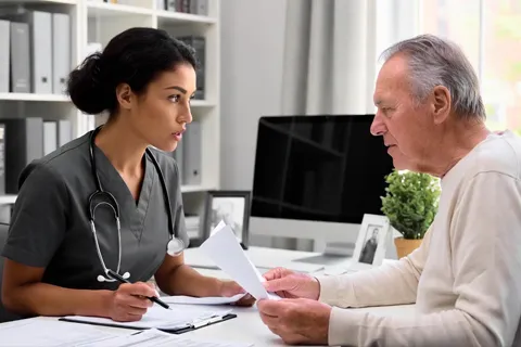 Trabajador social conversando con un paciente mayor en un consultorio médico, revisando documentos de seguro y asistencia.