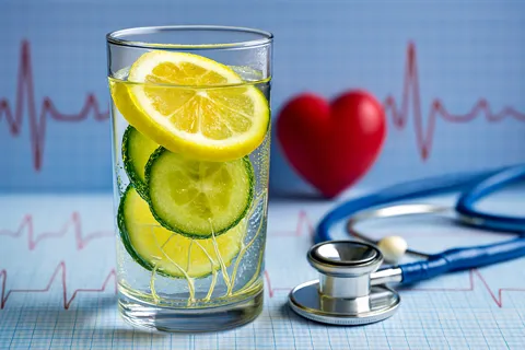 Vaso de agua con rodajas de limón y pepino sobre fondo de electrocardiograma, simbolizando hidratación saludable para el corazón.