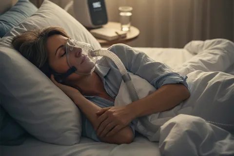 Persona durmiendo con máscara de CPAP, representando el tratamiento estándar para apnea obstructiva del sueño.