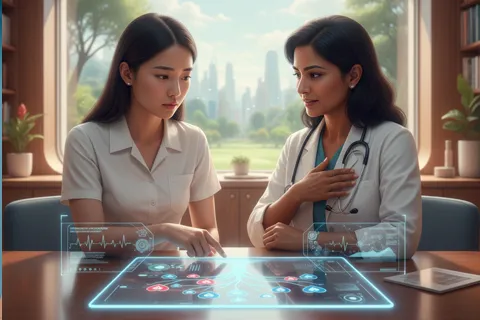 Joven revisando su historia familiar con un médico, señalando un árbol genealógico en una tableta, representando la importancia del screening cardiovascular guiado por antecedentes familiares.