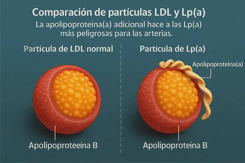 Infografía comparando una partícula de LDL normal con una partícula de Lp(a), destacando la presencia de la apolipoproteína(a) adicional que la hace más peligrosa para las arterias.