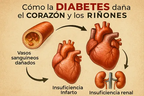 Infografía que muestra cómo la diabetes daña los vasos sanguíneos, afectando simultáneamente al corazón (causando infarto o insuficiencia) y a los riñones (causando insuficiencia renal), y cómo el daño en un órgano empeora la función del otro.