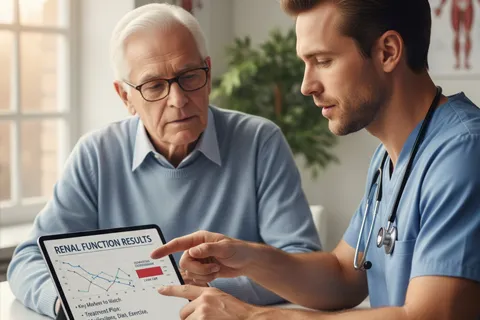 Médico mostrando resultados de laboratorio (función renal) a un paciente diabético mayor, explicando el plan de tratamiento para proteger riñón y corazón.