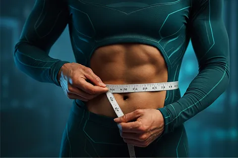 Persona midiendo su circunferencia de cintura con una cinta métrica, mostrando la técnica correcta a la altura del ombligo.