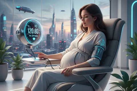 Mujer embarazada midiendo su presión arterial en casa con un monitor digital, mostrando la técnica correcta.