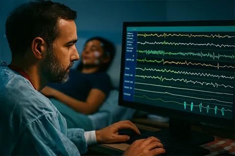 Técnico en laboratorio de sueño revisando datos de polisomnografía en una pantalla.