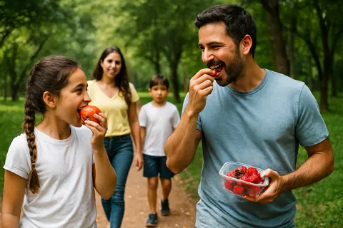 Familia caminando en parque, padre e hija comiendo frutas, ambiente saludable desde la infancia