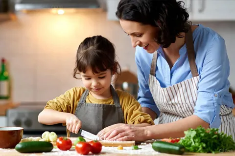 Niño y adulto cocinando juntos con vegetales frescos, promoviendo hábitos saludables desde temprana edad