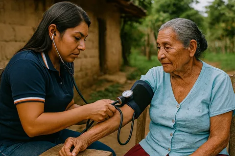Promotora de salud tomando la presión arterial a una mujer mayor en una comunidad rural.