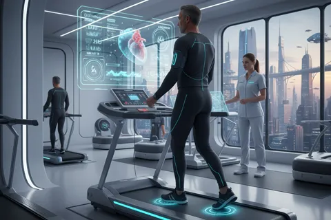 Persona participando en un programa de rehabilitación cardíaca, caminando en una cinta con supervisión de un fisioterapeuta.