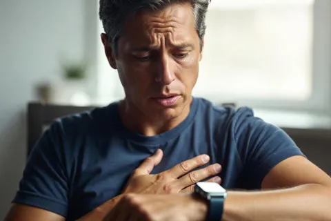 Persona sentada en una silla junto a una ventana, con expresión de ansiedad, sosteniendo su pecho con una mano mientras mira su reloj inteligente. Representación de la ansiedad cardíaca post-diagnóstico.