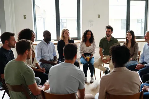 Grupo pequeño de personas en círculo en una sala luminosa, compartiendo conversaciones en un grupo de apoyo psicológico cardiovascular.