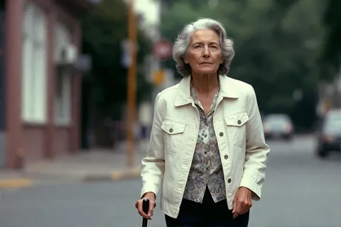 Mujer mayor caminando en parque con bastón, mostrando actividad física segura para huesos y corazón.