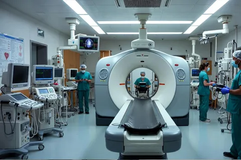 Imagen de una máquina de tomografía computarizada (TC) en un hospital, con personal médico, representando pruebas de imagen cardíaca como el Score de Calcio o AngioTAC.