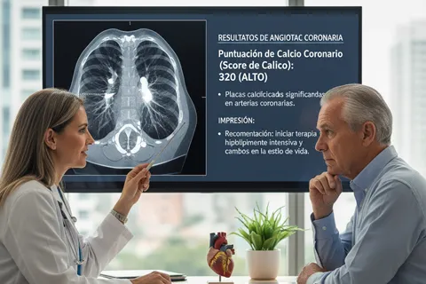 Médico mostrando resultados de una tomografía computarizada a un paciente en una consulta, representando una conversación sobre Score de Calcio o AngioTAC.