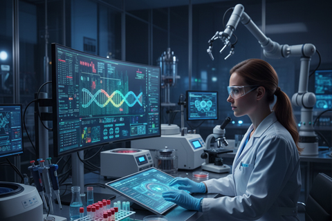 Científico en laboratorio analizando secuencias genéticas en una pantalla, con tubos de ensayo y equipo de biotecnología.