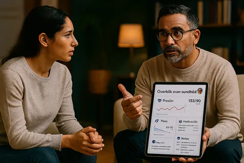 Paciente y terapeuta hablando en una consulta, con una tableta mostrando gráficos de salud, representando el cuidado integrado mente-corazón.