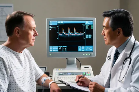 Ilustración de un paciente sentado frente a un cardiólogo, ambos mirando juntos una imagen de resonancia cardíaca en una pantalla, representando la toma de decisiones compartida.