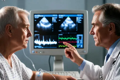 Paciente y cardiólogo sentados lado a lado, mirando juntos un monitor con un ecocardiograma, en una conversación colaborativa.
