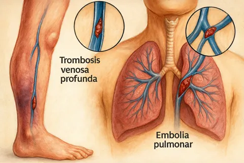 Ilustración médica de una pierna con trombosis venosa profunda (coágulo en vena profunda) y una embolia pulmonar (coágulo en arteria pulmonar).