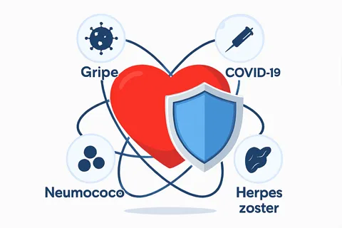 Infografía que muestra un corazón protegido por un escudo con iconos de vacunas contra la gripe, neumococo, COVID-19 y herpes zóster.
