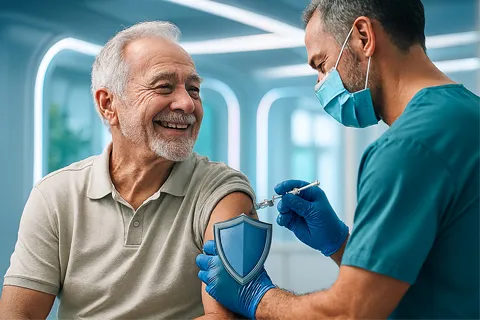 Una persona mayor sonriendo mientras un profesional de la salud le administra una vacuna en el brazo, en un entorno clínico limpio y amigable.