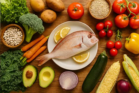 Ingredientes frescos y coloridos (verduras, frutas, granos, pescado) dispuestos en una mesa de madera, listos para ser transformados en una comida familiar saludable.